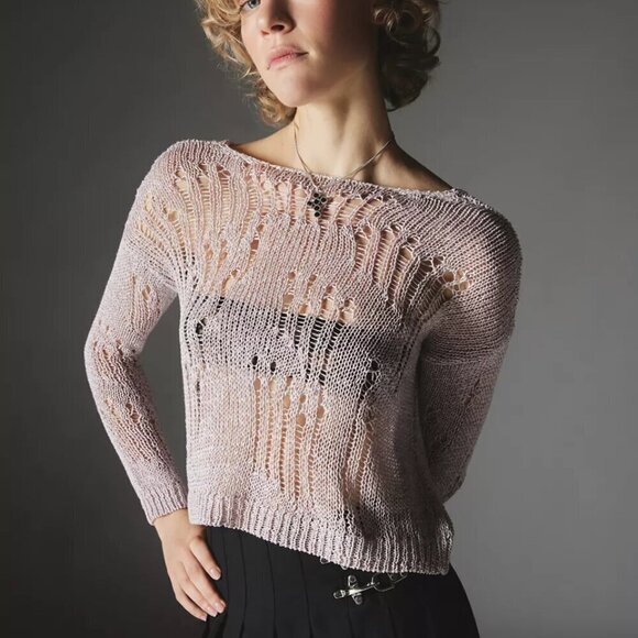 NWT UO Silence + Noise Nora Sparkly Mauve Open Knit Sweater - Picture 1 of 5